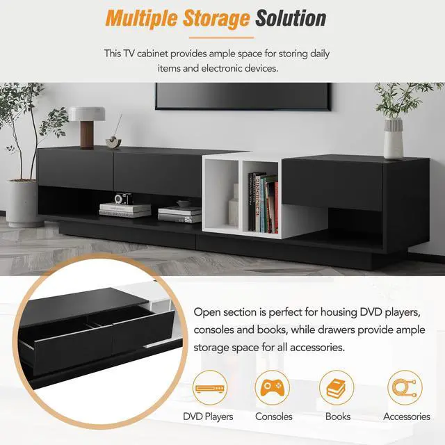 Alt view image 6 of 7 - ON-TREND Sleek and Stylish TV Stand with Perfect Storage Solution, Two-tone Media Console for TVs Up to 80'', Functional TV Cabinet with Versatile Compartment for Living Room, Black