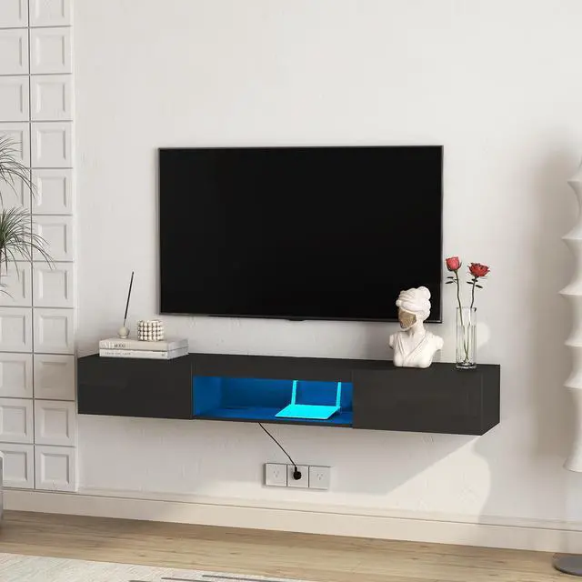 Alt view image 4 of 7 - Floating TV Stand Wall Mounted with 16 Color LEDs,63" Modern TV Stand, Floating TV Cabinet Entertainment Center for 55 60 65 Inch TV,Black