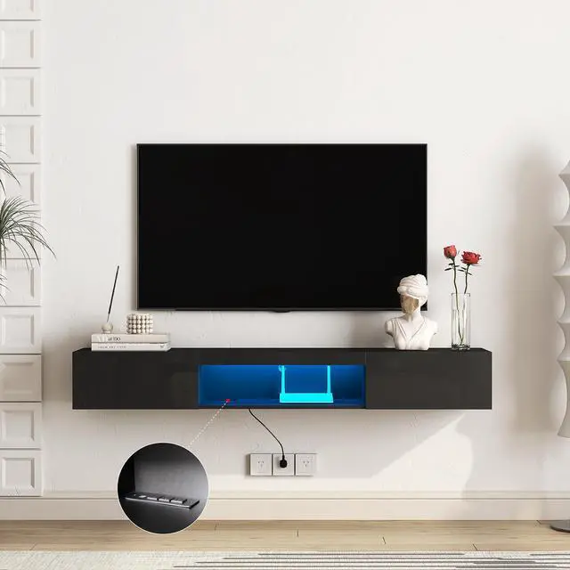 Alt view image 5 of 7 - Floating TV Stand Wall Mounted with 16 Color LEDs,63" Modern TV Stand, Floating TV Cabinet Entertainment Center for 55 60 65 Inch TV,Black