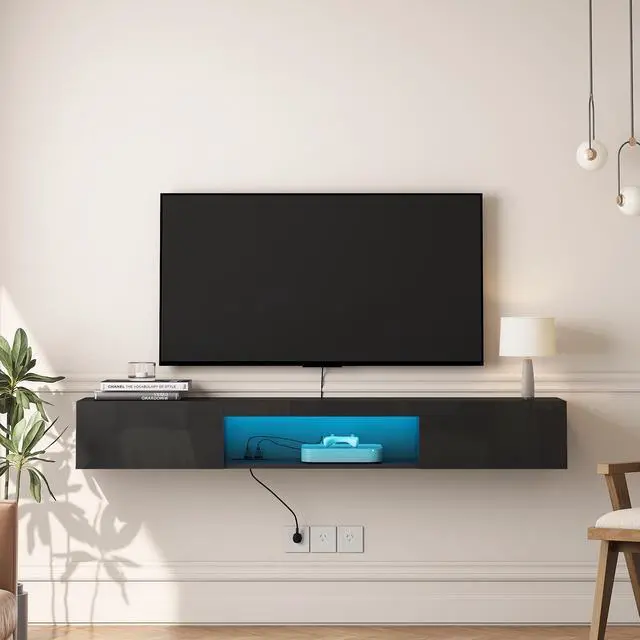 Alt view image 7 of 7 - Floating TV Stand Wall Mounted with 16 Color LEDs,63" Modern TV Stand, Floating TV Cabinet Entertainment Center for 55 60 65 Inch TV,Black