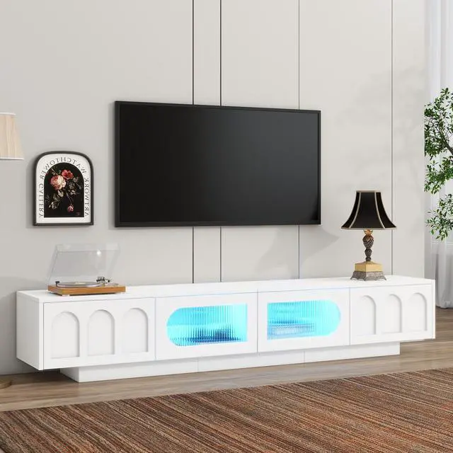 Main image of ON-TREND TV Stand with Fluted tempered Glass Doors for TVs Up to 95'', Functional Media Console with Arched Cabinet Doors, Entertainment Center with APP-Controlled LED Light for Living Room, White