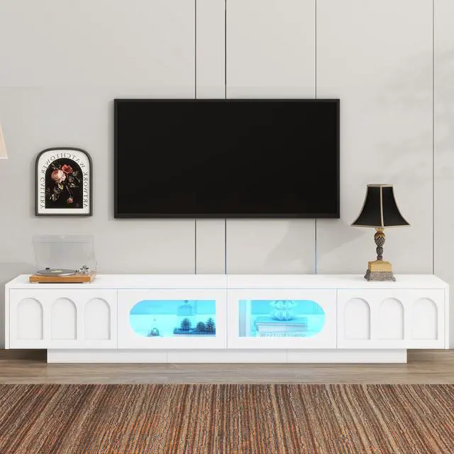 Alt view image 2 of 7 - ON-TREND TV Stand with Fluted tempered Glass Doors for TVs Up to 95'', Functional Media Console with Arched Cabinet Doors, Entertainment Center with APP-Controlled LED Light for Living Room, White