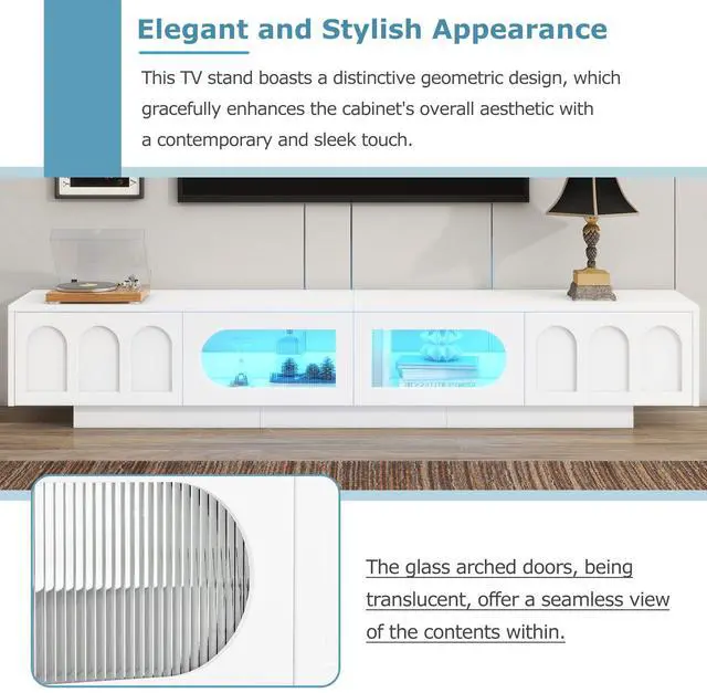 Alt view image 4 of 7 - ON-TREND TV Stand with Fluted tempered Glass Doors for TVs Up to 95'', Functional Media Console with Arched Cabinet Doors, Entertainment Center with APP-Controlled LED Light for Living Room, White