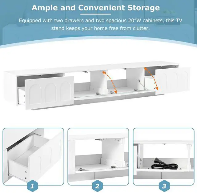 Alt view image 5 of 7 - ON-TREND TV Stand with Fluted tempered Glass Doors for TVs Up to 95'', Functional Media Console with Arched Cabinet Doors, Entertainment Center with APP-Controlled LED Light for Living Room, White