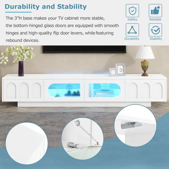 Alt view image 6 of 7 - ON-TREND TV Stand with Fluted tempered Glass Doors for TVs Up to 95'', Functional Media Console with Arched Cabinet Doors, Entertainment Center with APP-Controlled LED Light for Living Room, White