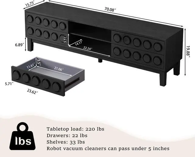 Alt view image 6 of 7 - Modern Mid-Century Media Console with 4 Drawers and Cable Management, TV Console Table for TVs up to 75",Entertainment Center for Living Room and Office(Black)