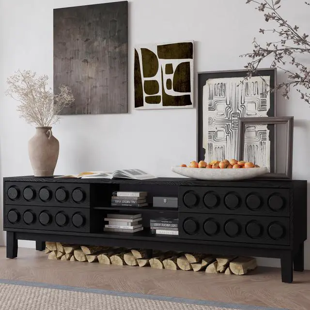 Alt view image 4 of 7 - Modern Mid-Century Media Console with 4 Drawers and Cable Management, TV Console Table for TVs up to 75",Entertainment Center for Living Room and Office(Black)