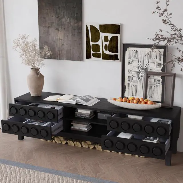 Alt view image 3 of 7 - Modern Mid-Century Media Console with 4 Drawers and Cable Management, TV Console Table for TVs up to 75",Entertainment Center for Living Room and Office(Black)