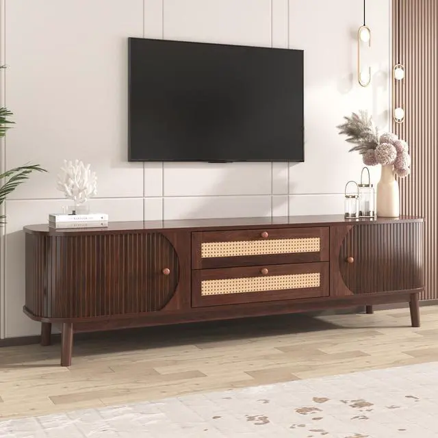 Main image of Rattan TV Stand for TVs up to 75'', Modern Farmhouse Media Console, Entertainment Center with Solid Wood Legs, TV Cabinet for Living Room,Home Theatre