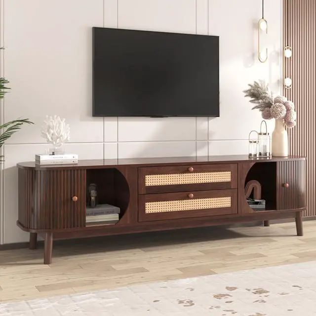Alt view image 2 of 7 - Rattan TV Stand for TVs up to 75'', Modern Farmhouse Media Console, Entertainment Center with Solid Wood Legs, TV Cabinet for Living Room,Home Theatre