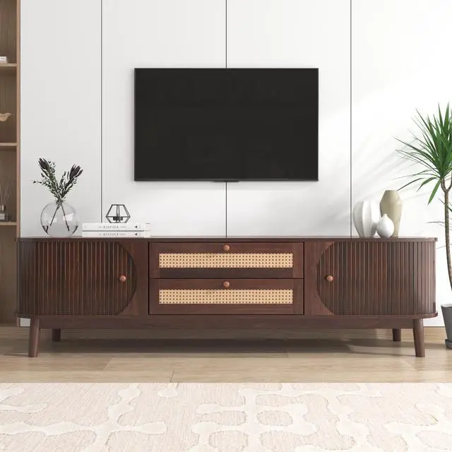 Alt view image 5 of 7 - Rattan TV Stand for TVs up to 75'', Modern Farmhouse Media Console, Entertainment Center with Solid Wood Legs, TV Cabinet for Living Room,Home Theatre