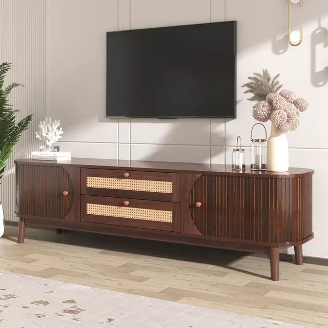 Alt view image 4 of 7 - Rattan TV Stand for TVs up to 75'', Modern Farmhouse Media Console, Entertainment Center with Solid Wood Legs, TV Cabinet for Living Room,Home Theatre