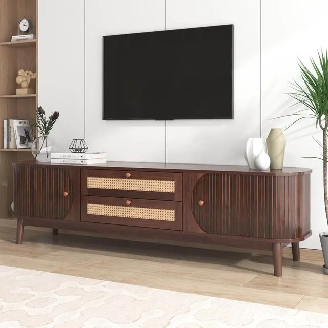 Alt view image 6 of 7 - Rattan TV Stand for TVs up to 75'', Modern Farmhouse Media Console, Entertainment Center with Solid Wood Legs, TV Cabinet for Living Room,Home Theatre