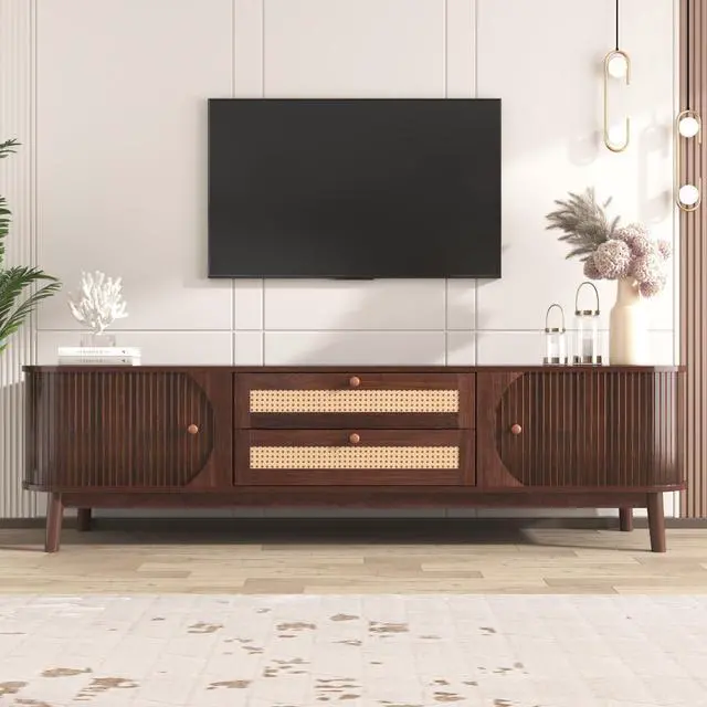 Alt view image 3 of 7 - Rattan TV Stand for TVs up to 75'', Modern Farmhouse Media Console, Entertainment Center with Solid Wood Legs, TV Cabinet for Living Room,Home Theatre