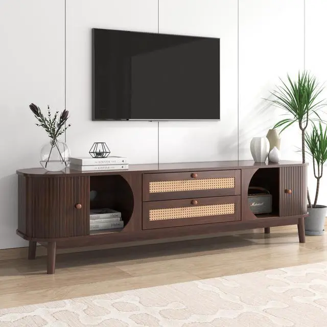 Alt view image 7 of 7 - Rattan TV Stand for TVs up to 75'', Modern Farmhouse Media Console, Entertainment Center with Solid Wood Legs, TV Cabinet for Living Room,Home Theatre