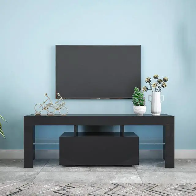 Alt view image 2 of 7 - Black TV Stand with LED RGB Lights,Flat Screen TV Cabinet, Gaming Consoles - in Lounge Room, Living Room and Bedroom(Black)