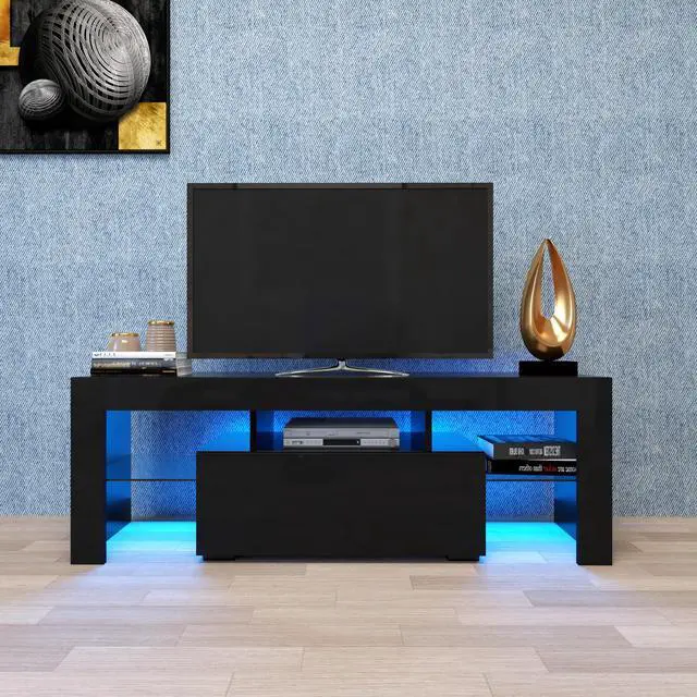 Main image of Black TV Stand with LED RGB Lights,Flat Screen TV Cabinet, Gaming Consoles - in Lounge Room, Living Room and Bedroom(Black)