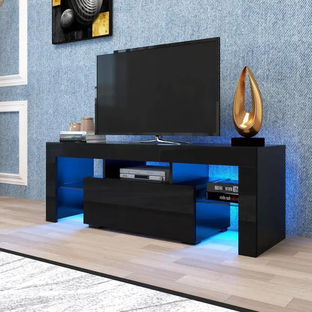 Alt view image 4 of 7 - Black TV Stand with LED RGB Lights,Flat Screen TV Cabinet, Gaming Consoles - in Lounge Room, Living Room and Bedroom(Black)