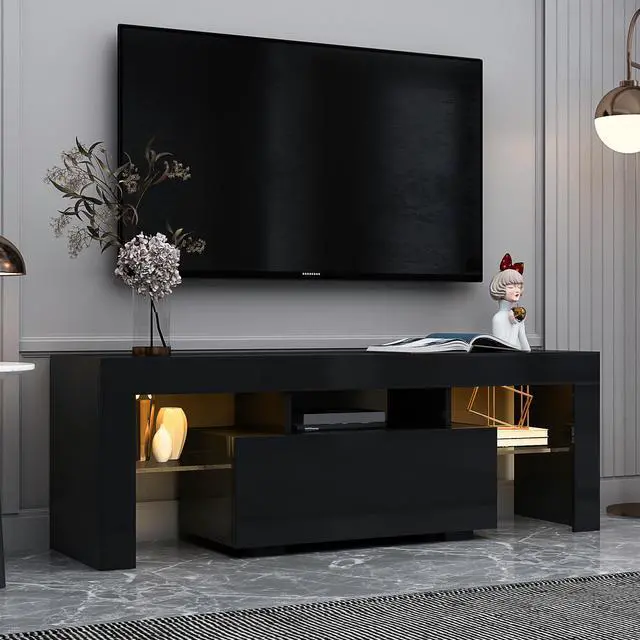 Alt view image 3 of 7 - Black TV Stand with LED RGB Lights,Flat Screen TV Cabinet, Gaming Consoles - in Lounge Room, Living Room and Bedroom(Black)