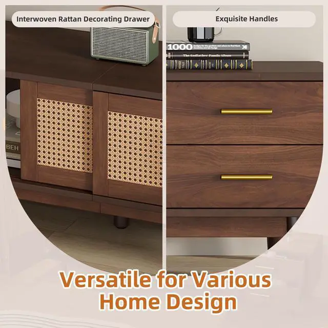 Alt view image 7 of 7 - Mid Century Modern TV Stand for 80" TVs, Entertainment Center with Sliding Doors and Drawers, TV Table with Storage for Living Room, Bedroom