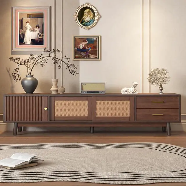 Alt view image 2 of 7 - Mid Century Modern TV Stand for 80" TVs, Entertainment Center with Sliding Doors and Drawers, TV Table with Storage for Living Room, Bedroom