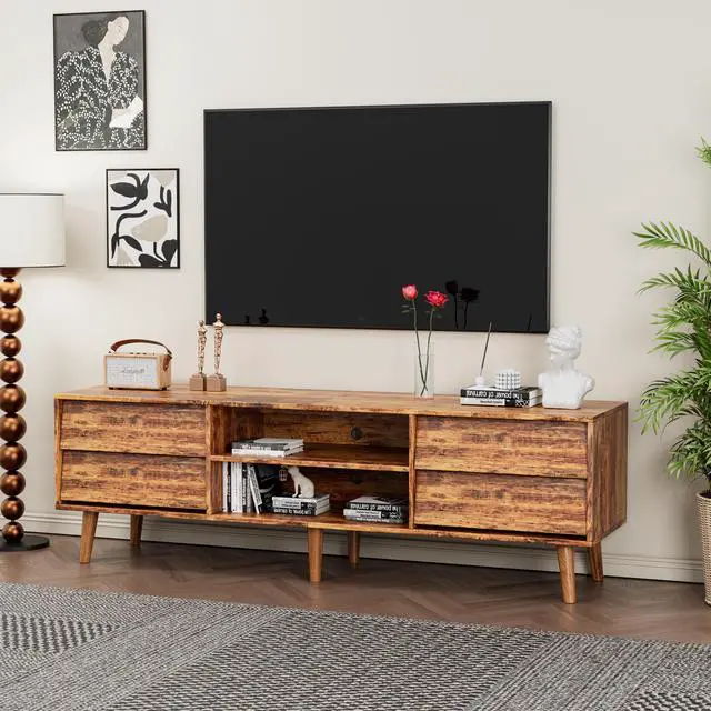 Alt view image 2 of 7 - 63 Inch TV Stand Features Vintage-style and Bevel Design, TV Stand with Drawers, Entertainment Center for Living Room Bedroom, TV Media Console