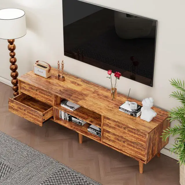 Alt view image 3 of 7 - 63 Inch TV Stand Features Vintage-style and Bevel Design, TV Stand with Drawers, Entertainment Center for Living Room Bedroom, TV Media Console