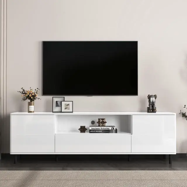Main image of High Gloss Panel Modern TV Console, TV Stand, Entertainment Center with Storage Shelves,TV Cabinet for Living Room, Bedroom, Cloud White 63x15.74x19.68 inch