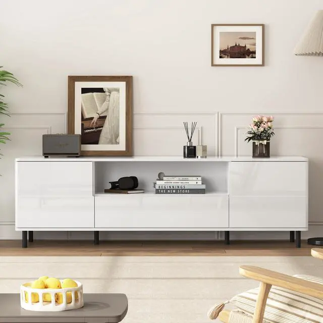 Alt view image 6 of 7 - High Gloss Panel Modern TV Console, TV Stand, Entertainment Center with Storage Shelves,TV Cabinet for Living Room, Bedroom, Cloud White 63x15.74x19.68 inch