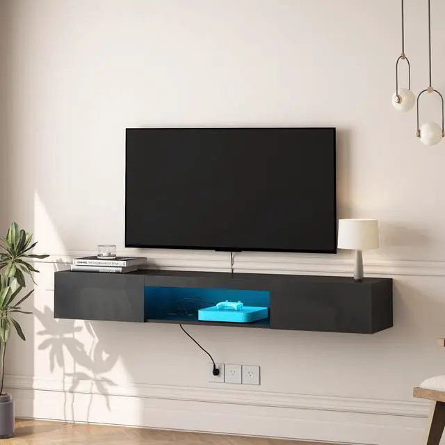 Alt view image 6 of 7 - Floating TV Stand Wall Mounted with 16 Color LEDs,63" Modern TV Stand, Floating TV Cabinet Entertainment Center for 55 60 65 Inch TV,Black