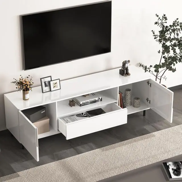 Alt view image 3 of 7 - High Gloss Panel Modern TV Console, TV Stand, Entertainment Center with Storage Shelves,TV Cabinet for Living Room, Bedroom, Cloud White 63x15.74x19.68 inch