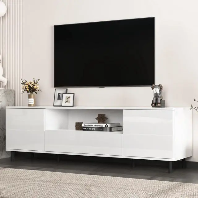 Alt view image 2 of 7 - High Gloss Panel Modern TV Console, TV Stand, Entertainment Center with Storage Shelves,TV Cabinet for Living Room, Bedroom, Cloud White 63x15.74x19.68 inch