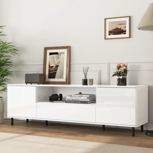 Alt view image 7 of 7 - High Gloss Panel Modern TV Console, TV Stand, Entertainment Center with Storage Shelves,TV Cabinet for Living Room, Bedroom, Cloud White 63x15.74x19.68 inch