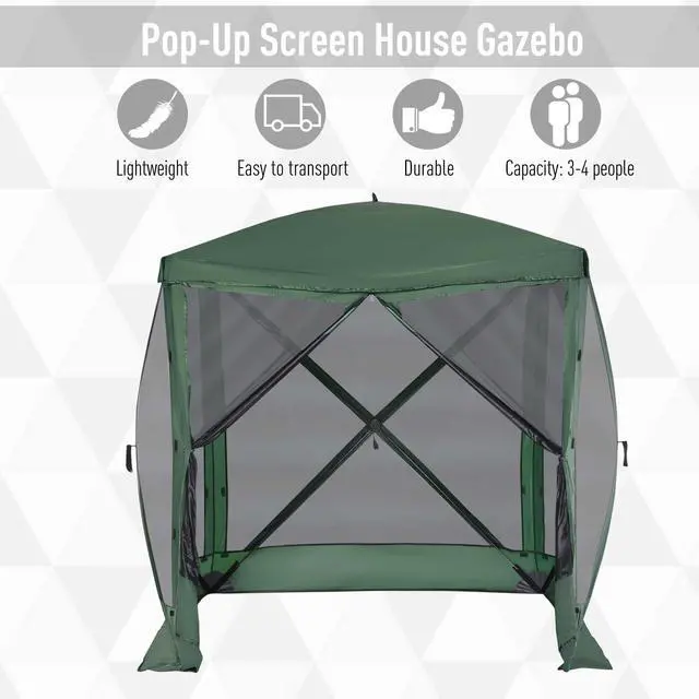 Alt view image 3 of 7 - Outsunny Pop Up Camping Canopy Gazebo Screen Shelter Tent with Single Person Easy Set-Up, Ventilating Mesh, Portable Carry Bag for Outdoor Camping Party Event, 7x7FT, Green