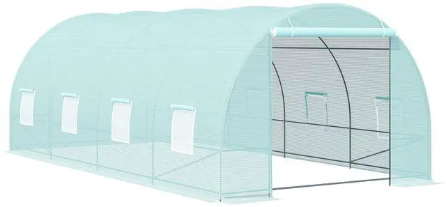 Main image of Outsunny 20' x 10' x 7' Walk-In Tunnel Greenhouse, Garden Warm House, Large Hot House Kit with 8 Roll-up Windows & Roll Up Door, Steel Frame, Green