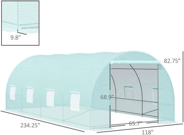 Alt view image 7 of 7 - Outsunny 20' x 10' x 7' Walk-In Tunnel Greenhouse, Garden Warm House, Large Hot House Kit with 8 Roll-up Windows & Roll Up Door, Steel Frame, Green