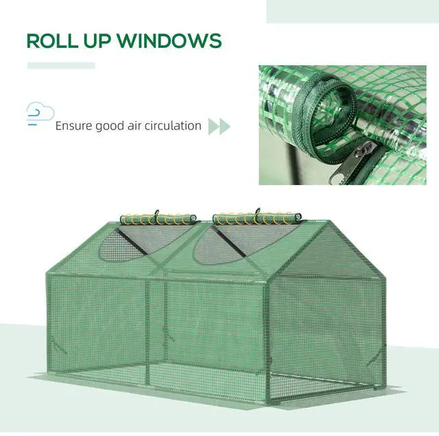 Alt view image 5 of 7 - Outsunny 4' x 2' x 2' Portable Mini Greenhouse, Small Green House with PE Cover, Roll-up Zippered Windows for Indoor, Outdoor Garden, Green