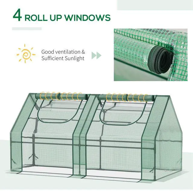 Alt view image 5 of 7 - Outsunny 6' x 3' x 3' Portable Greenhouse, Garden Green House with 2 PE/Plastic Covers, Steel Frame and 2 Roll Up Windows, Green