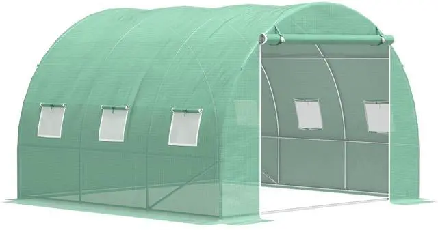 Main image of Outsunny 10' x 10' x 6.5' Walk-in Tunnel Hoop Greenhouse, Polyethylene PE Cover, Steel Frame, Roll-Up Zipper Door & Windows for Flowers, Vegetables, Tropical Plants, Green
