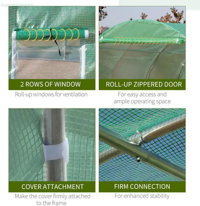 Alt view image 4 of 7 - Outsunny 10' x 10' x 6.5' Walk-in Tunnel Hoop Greenhouse, Polyethylene PE Cover, Steel Frame, Roll-Up Zipper Door & Windows for Flowers, Vegetables, Tropical Plants, Green