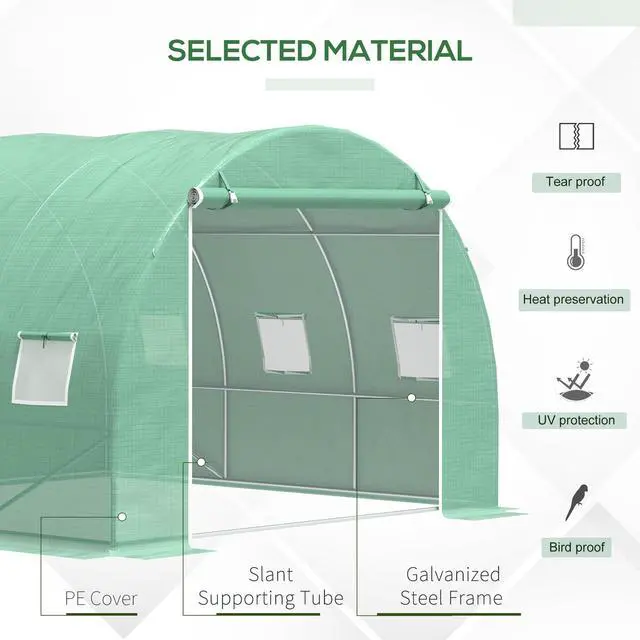 Alt view image 6 of 7 - Outsunny 10' x 10' x 6.5' Walk-in Tunnel Hoop Greenhouse, Polyethylene PE Cover, Steel Frame, Roll-Up Zipper Door & Windows for Flowers, Vegetables, Tropical Plants, Green