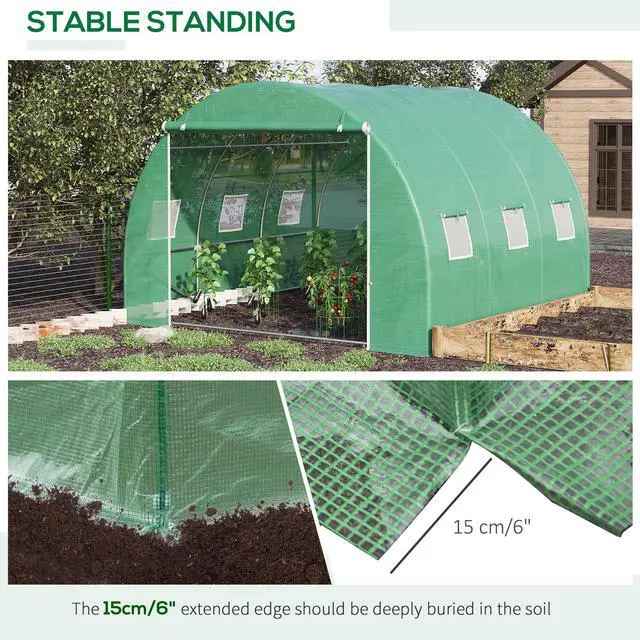 Alt view image 5 of 7 - Outsunny 10' x 10' x 6.5' Walk-in Tunnel Hoop Greenhouse, Polyethylene PE Cover, Steel Frame, Roll-Up Zipper Door & Windows for Flowers, Vegetables, Tropical Plants, Green