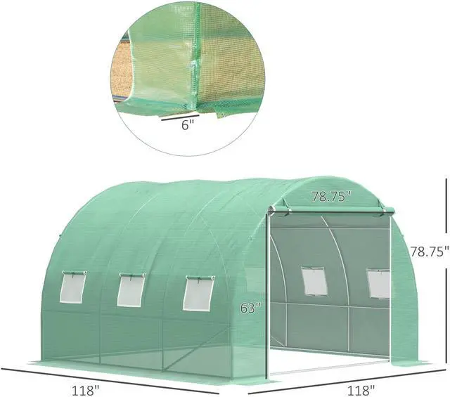 Alt view image 7 of 7 - Outsunny 10' x 10' x 6.5' Walk-in Tunnel Hoop Greenhouse, Polyethylene PE Cover, Steel Frame, Roll-Up Zipper Door & Windows for Flowers, Vegetables, Tropical Plants, Green