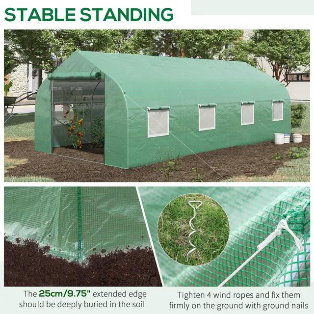 Alt view image 5 of 7 - Outsunny 20' x 10' x 7' Walk-in Tunnel Greenhouse with Zippered Mesh Door and 8 Mesh Windows, Gardening Plant Hot House with Galvanized Steel Hoops, Green