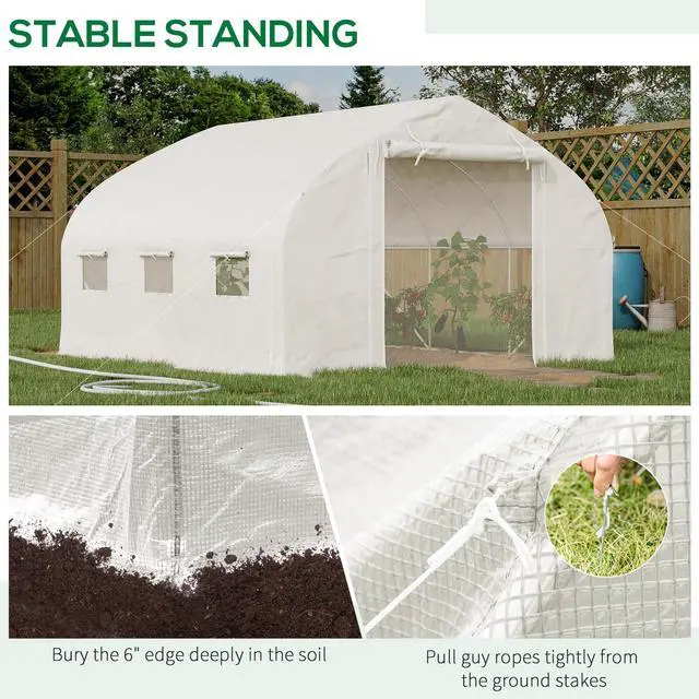 Alt view image 3 of 7 - Outsunny 11.5' x 10' x 6.5' Walk-in Tunnel Greenhouse, Green House with Zippered Mesh Door, 7 Mesh Windows & Roll-up Sidewalls, Upgraded Gardening Plant Hot House with Galvanized Steel Hoops, White