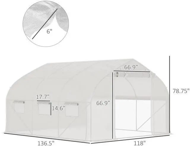Alt view image 7 of 7 - Outsunny 11.5' x 10' x 6.5' Walk-in Tunnel Greenhouse, Green House with Zippered Mesh Door, 7 Mesh Windows & Roll-up Sidewalls, Upgraded Gardening Plant Hot House with Galvanized Steel Hoops, White