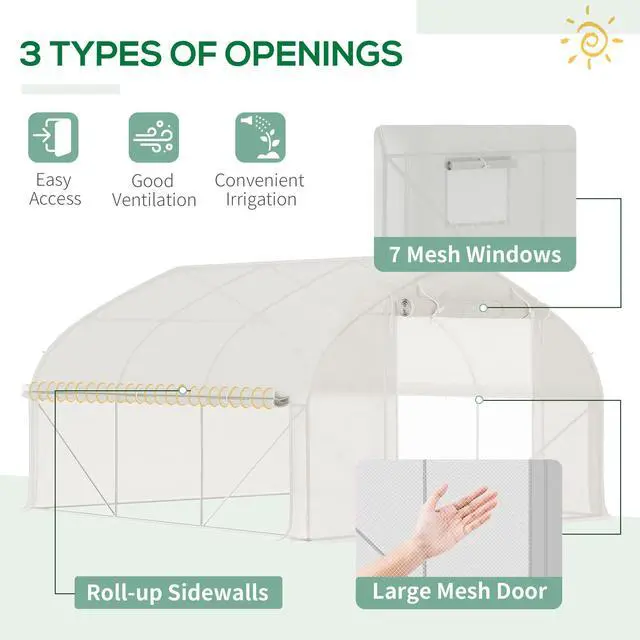 Alt view image 6 of 7 - Outsunny 11.5' x 10' x 6.5' Walk-in Tunnel Greenhouse, Green House with Zippered Mesh Door, 7 Mesh Windows & Roll-up Sidewalls, Upgraded Gardening Plant Hot House with Galvanized Steel Hoops, White