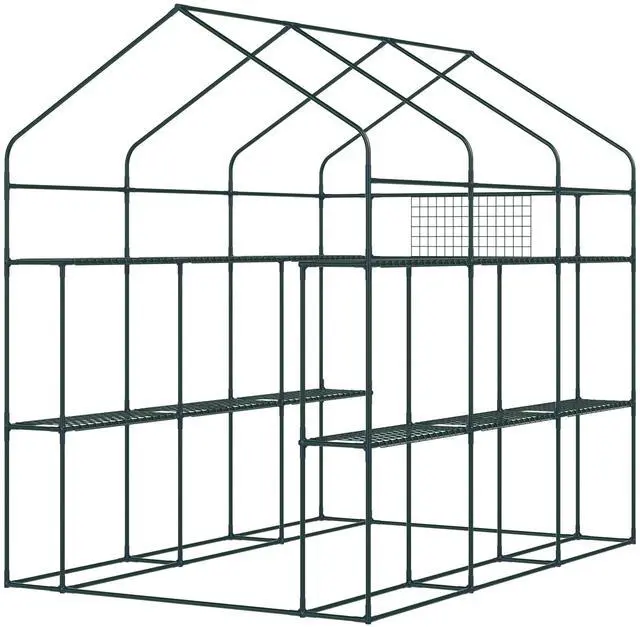 Alt view image 2 of 7 - Outsunny 7' x 5' x 6' Walk-in Greenhouse with Mesh Door and Windows, 18 Shelf Hot House with Trellis, Plant Labels, UV protective for Growing Flowers, Herbs, Vegetables, Saplings, Green