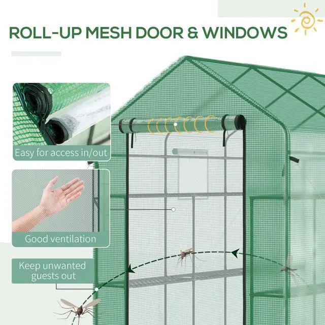 Alt view image 4 of 7 - Outsunny 7' x 5' x 6' Walk-in Greenhouse with Mesh Door and Windows, 18 Shelf Hot House with Trellis, Plant Labels, UV protective for Growing Flowers, Herbs, Vegetables, Saplings, Green