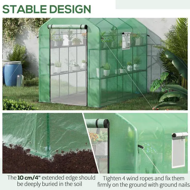 Alt view image 5 of 7 - Outsunny 7' x 5' x 6' Walk-in Greenhouse with Mesh Door and Windows, 18 Shelf Hot House with Trellis, Plant Labels, UV protective for Growing Flowers, Herbs, Vegetables, Saplings, Green
